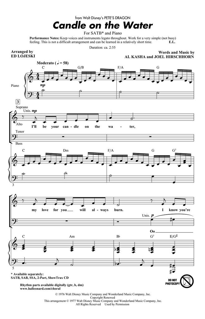 Candle On The Water (SATB)